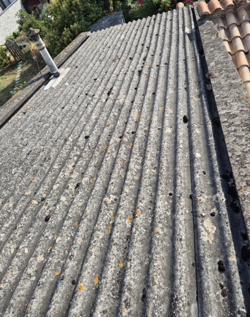 Toit ondulé en fibrociment gris dégradé, couvert de mousse et lichens. Un tuyau de ventilation et des tuiles en terre cuite visibles.