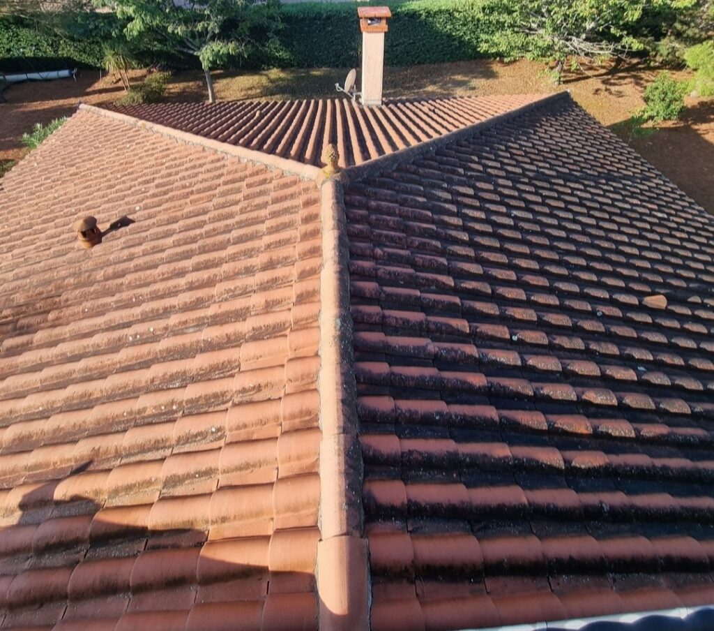 Toit en tuiles rouges, la moitié gauche propre et lumineuse, l'autre moitié droite couverte de mousse sombre et de saleté. Une cheminée est visible à l'arrière-plan.
