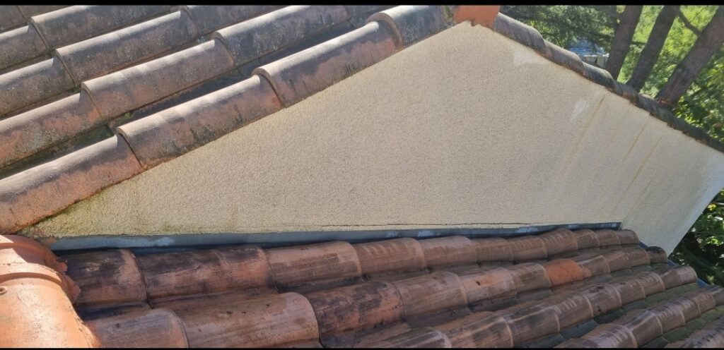 Toit en tuiles de terre cuite anciennes avec mousses, bordant un pignon crépi de couleur claire et texturée.