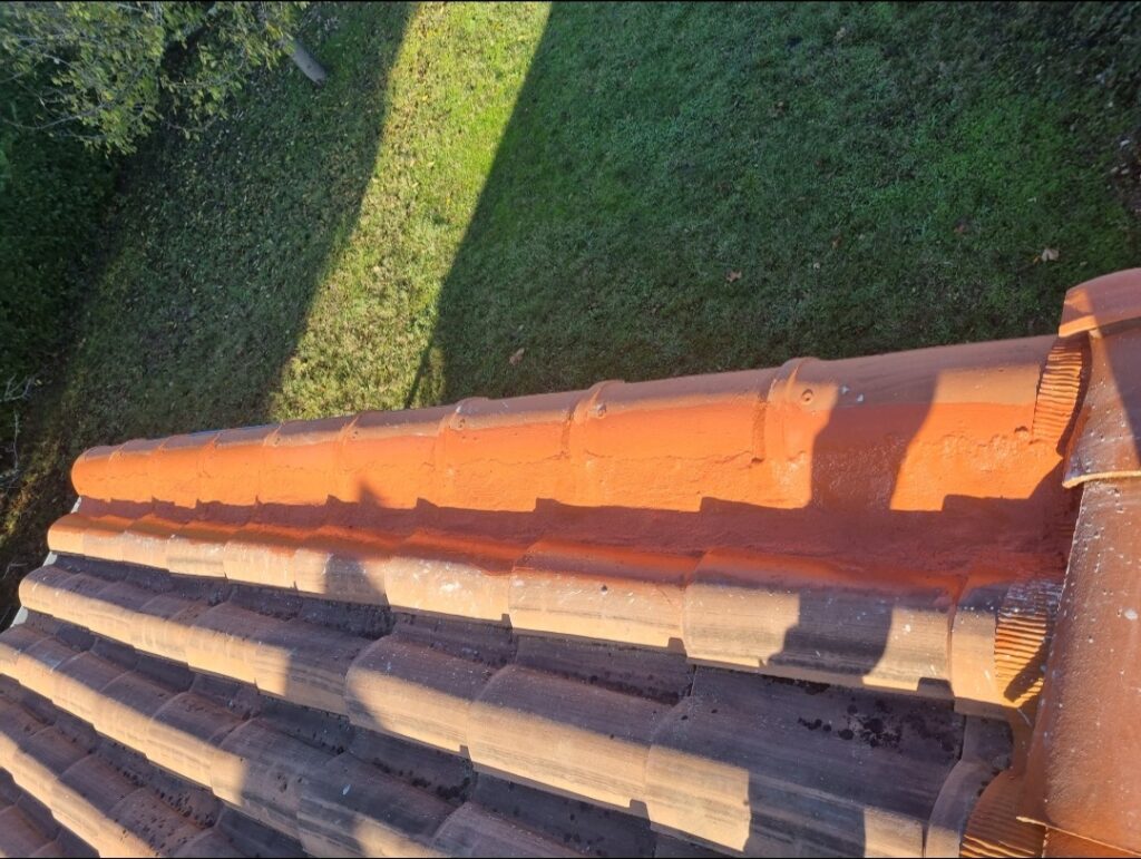 Vue aérienne d'un toit en tuiles de terre cuite avec scellement orange neuf sur les tuiles faîtières, surplombant une pelouse verte.