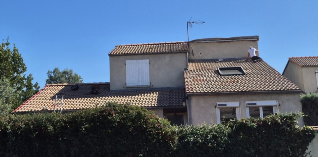 Homme sur un toit de tuiles, près d'une lucarne et d'une antenne, sous un ciel bleu clair. Haie verte en premier plan.